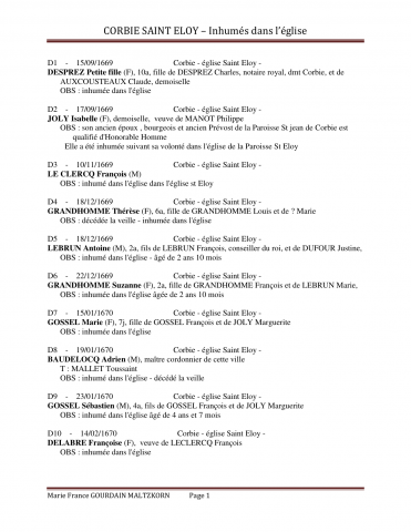 Corbie. Décès. Liste des personnes inhumées dans l'église Saint-Eloy de 1669 à 1769 : liste alphabétique