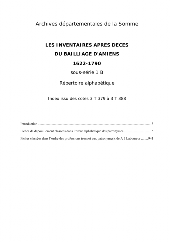 Série B - Les inventaires après décès du bailliage d'Amiens (1622-1790) : index