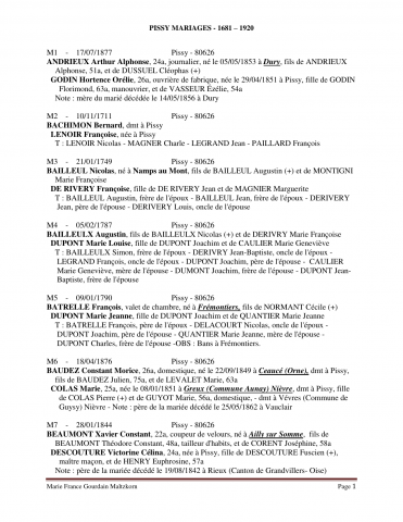 Pissy. Mariages. Dépouillement des actes de 1681 à 1920 : liste alphabétique