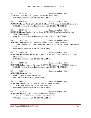 Hardecourt-aux-Bois. Décès. Dépouillement des actes de 1757 à 1792 : liste alphabétique