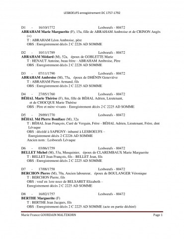 Lesboeufs. Décès et sépultures. Dépouillement des actes de 1757 à 1792 : liste alphabétique
