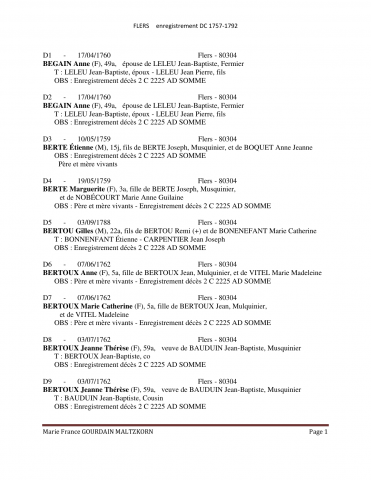 Flers. Décès et sépultures. Dépouillement des actes de 1757 à 1792 : liste alphabétique