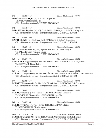 Ginchy-Guillemont. Décès et sépultures. Dépouillement des actes de 1757 à 1792 : liste alphabétique