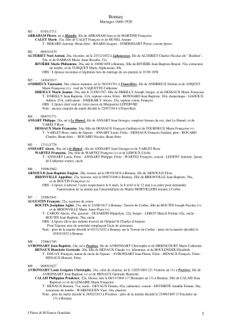 Bonnay. Mariages. Dépouillement des actes de 1660 à 1920 : liste alphabétique